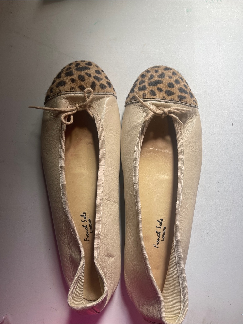 French Sole Nude Leather Ballet Flats with Leopard Cap Toe